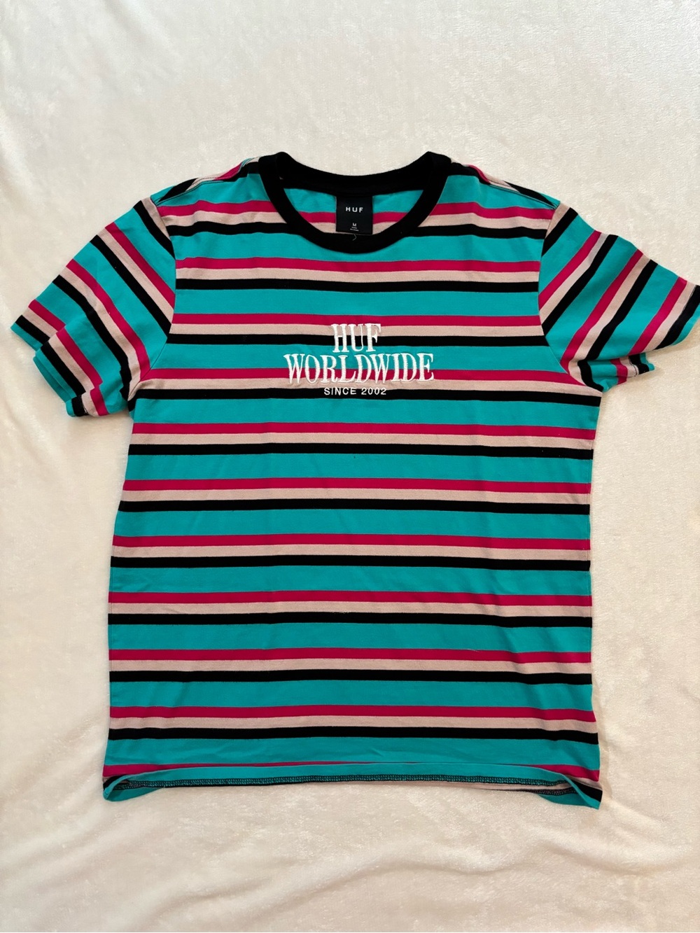 HUF Striped Tee in Teal, Pink & Black